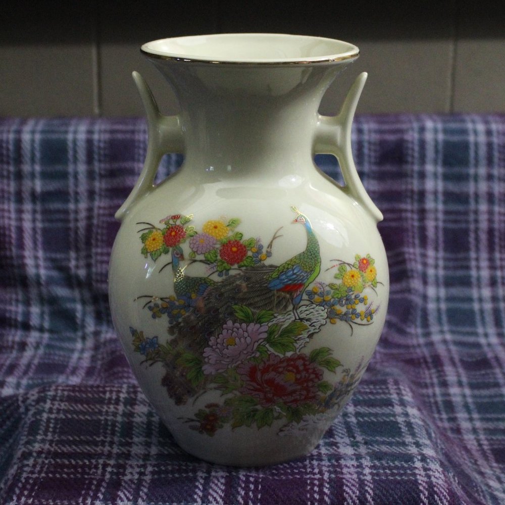 Japan Satsuma Peacock Handled Ceramic Vase